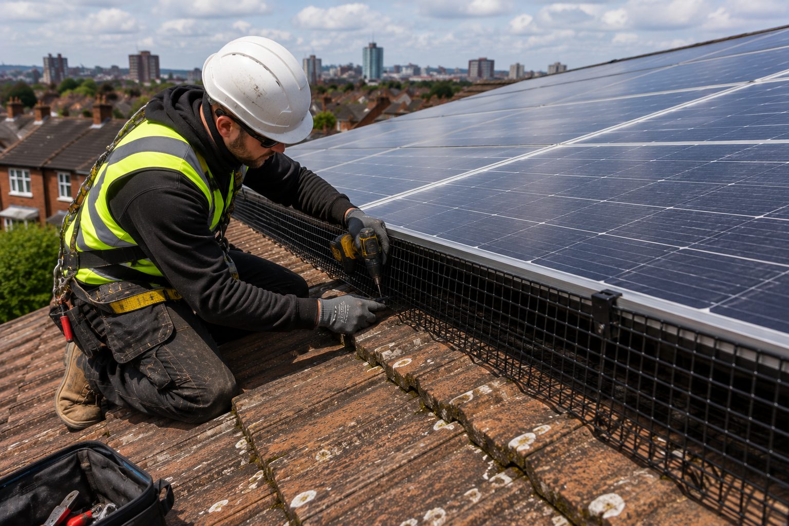 Technician fitting bird mesh along a solar panel edge on a residential roof