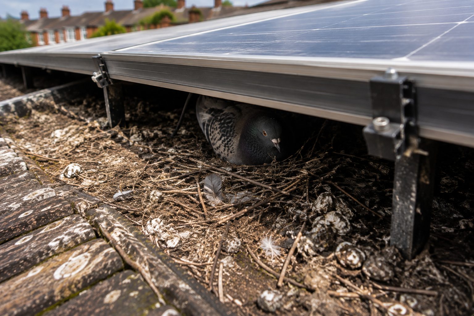 Pigeon nesting in debris beneath a solar panel edge