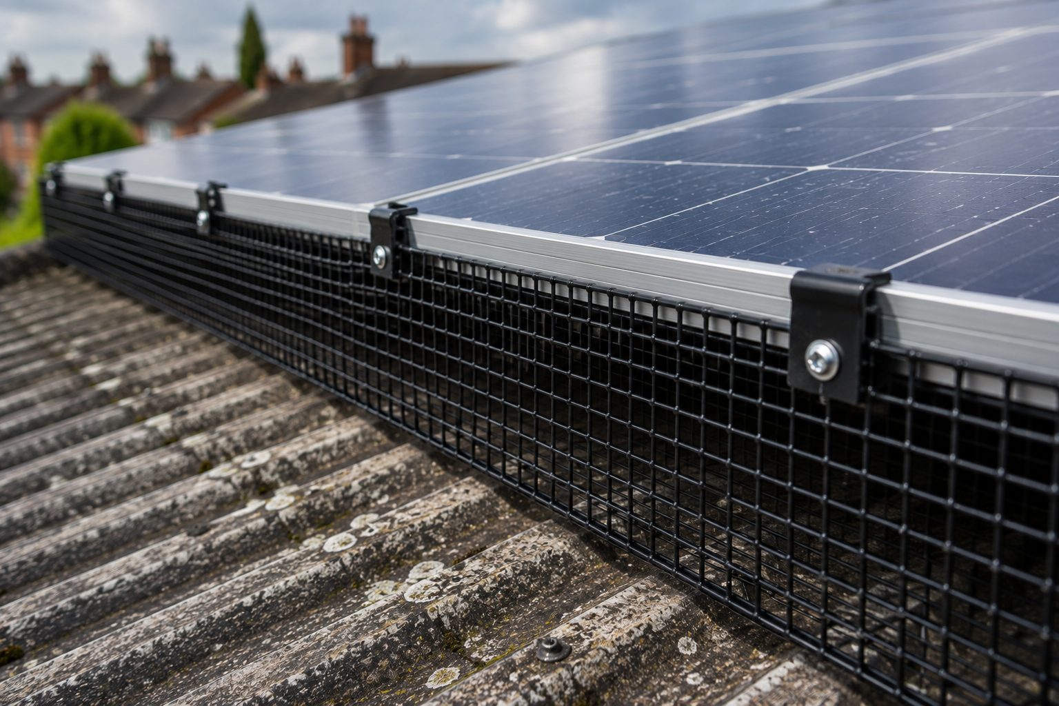 Bird mesh fitted neatly along the edge of a solar panel array