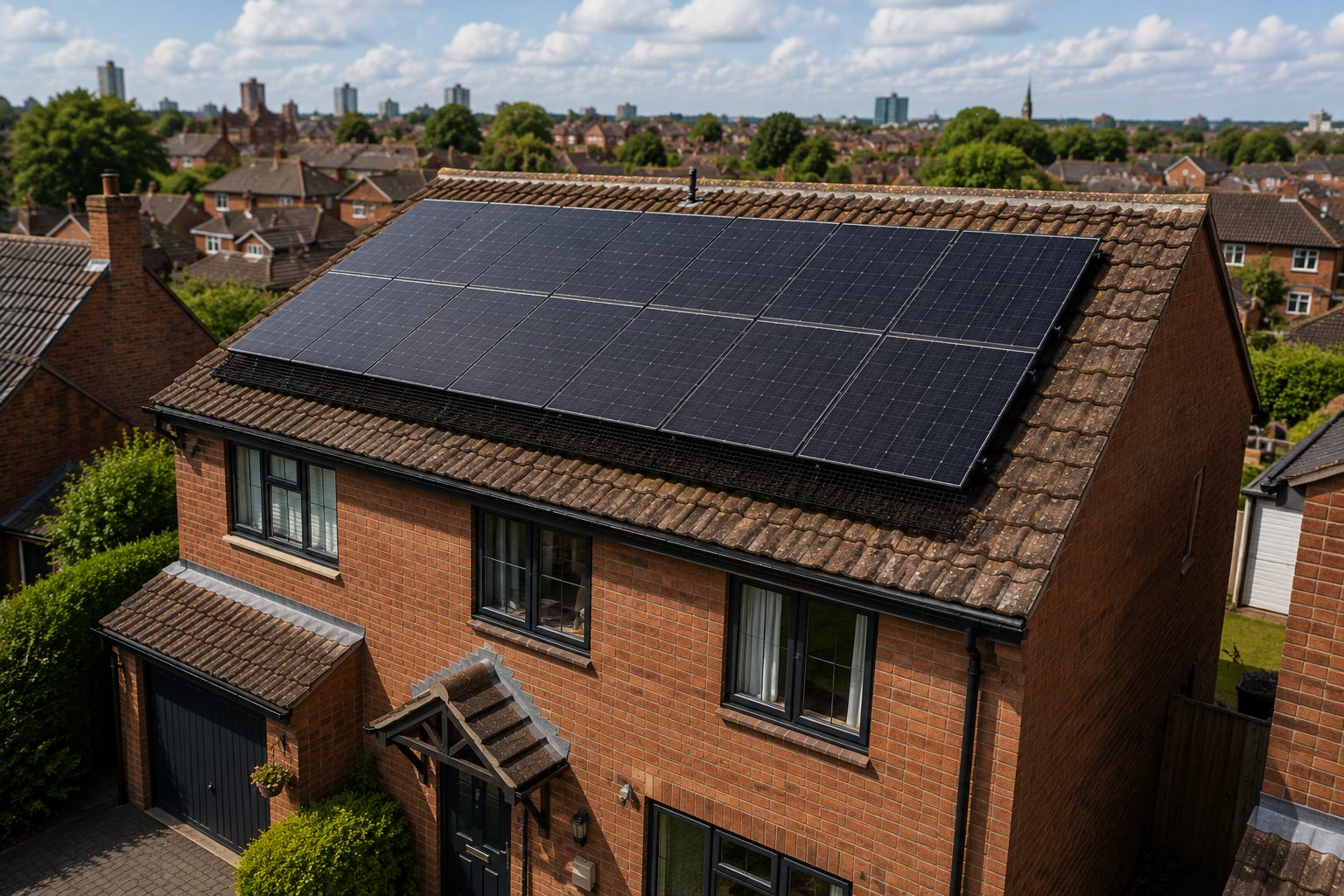 Detached house with solar panels and bird mesh fitted along the roofline