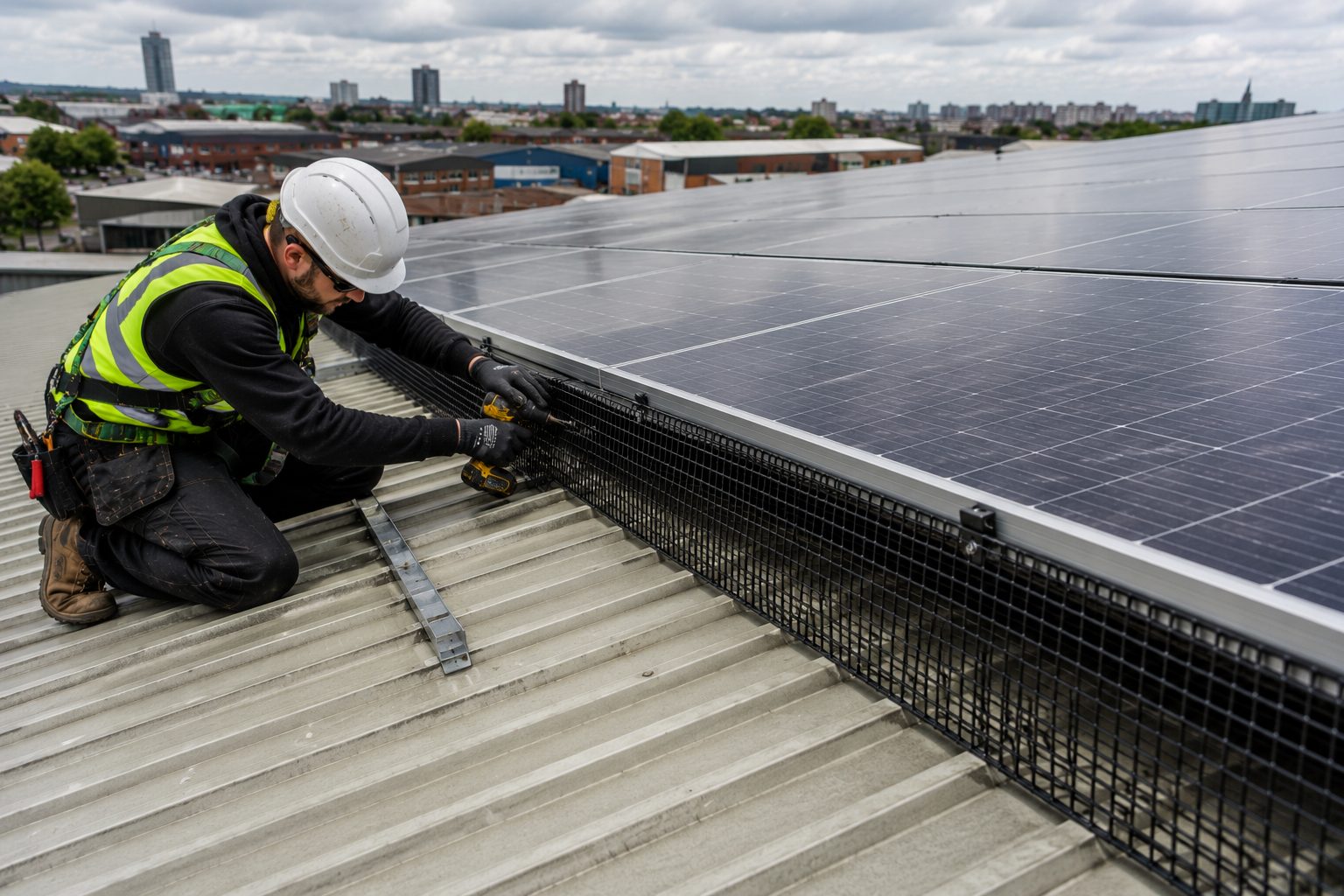 Technician fitting bird mesh on a commercial flat-roof solar array